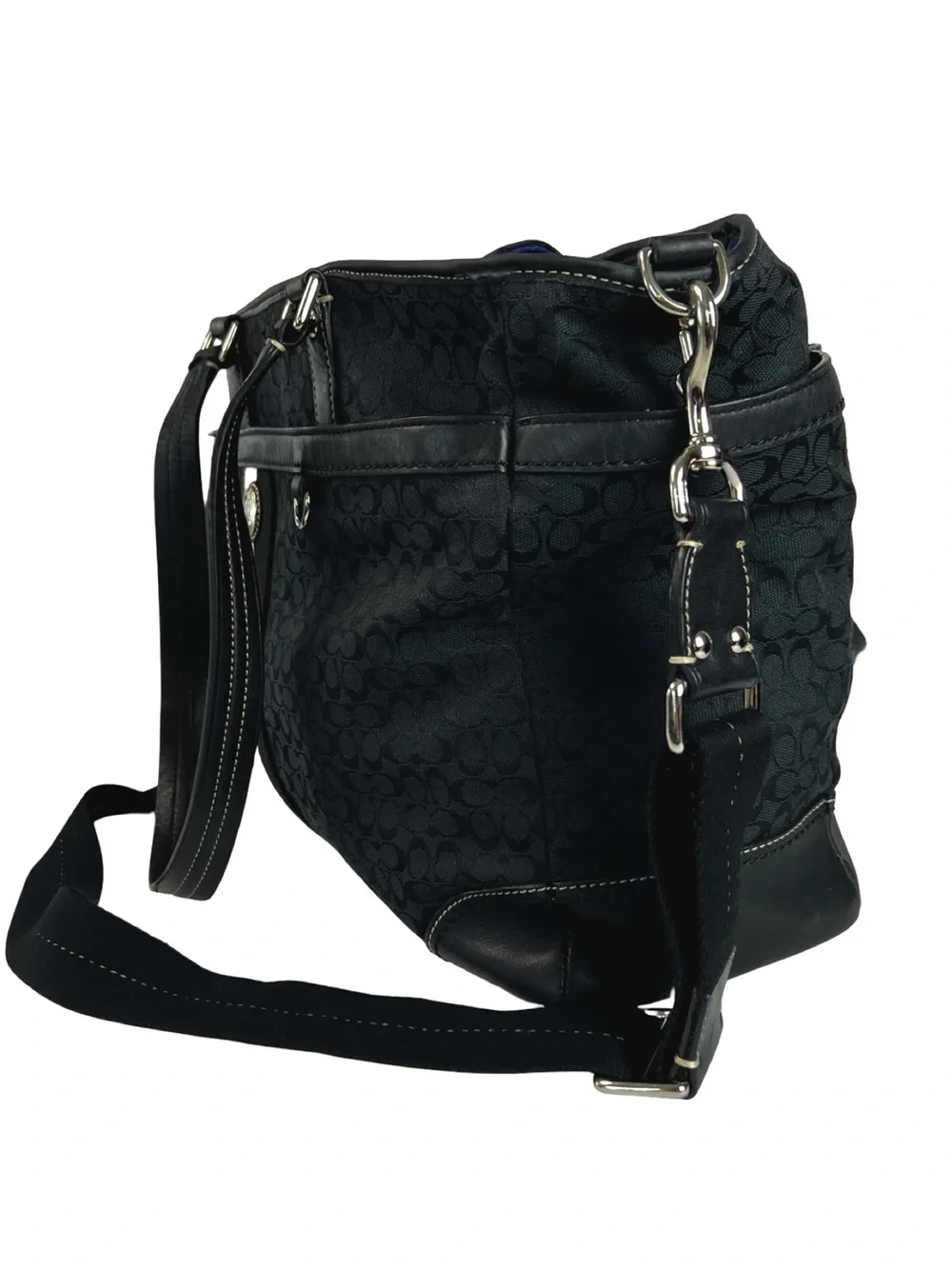 Coach Signature Stripe Multifunction Diaper Tote Bag Black Canvas Blue Interior